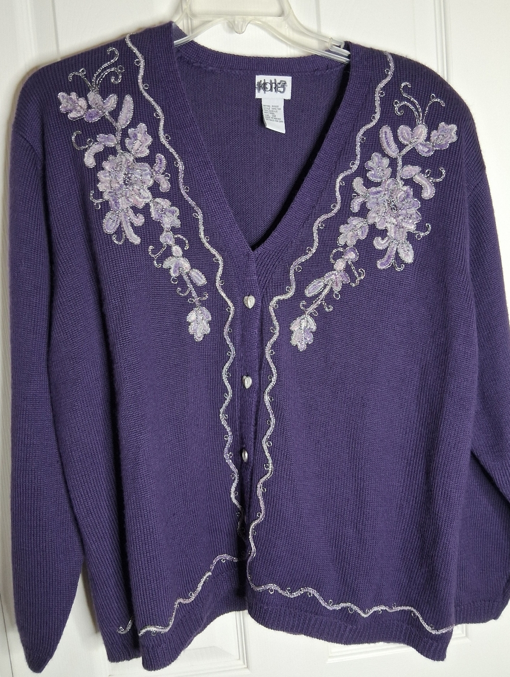 Vintage 80s Koret Purple V-Neck Embroidered Heart Button Up Cardigan Size 2X